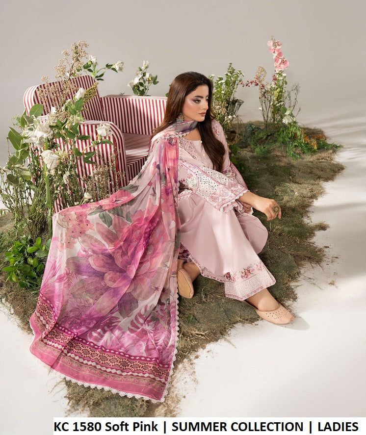 KC AYRA 1580 SOFT PINK - Soft Pink Embroidered Chikankari 3-Piece Women's Pakistani Suit