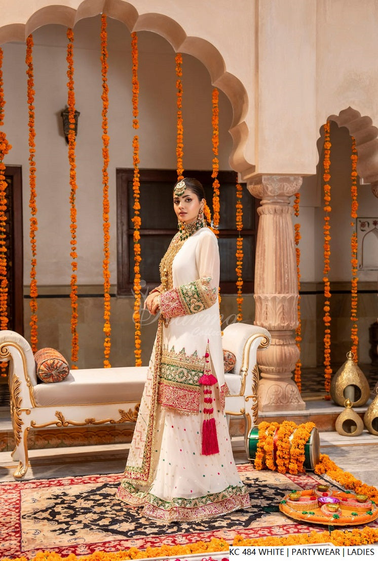 Pakistani women's white silk long kaftan plazo back view
