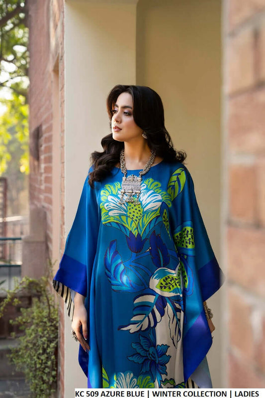 Azure blue silk Pakistani women's long kaftan with plazo side view