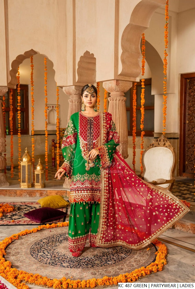 Pakistani women's green silk long kaftan plazo full view