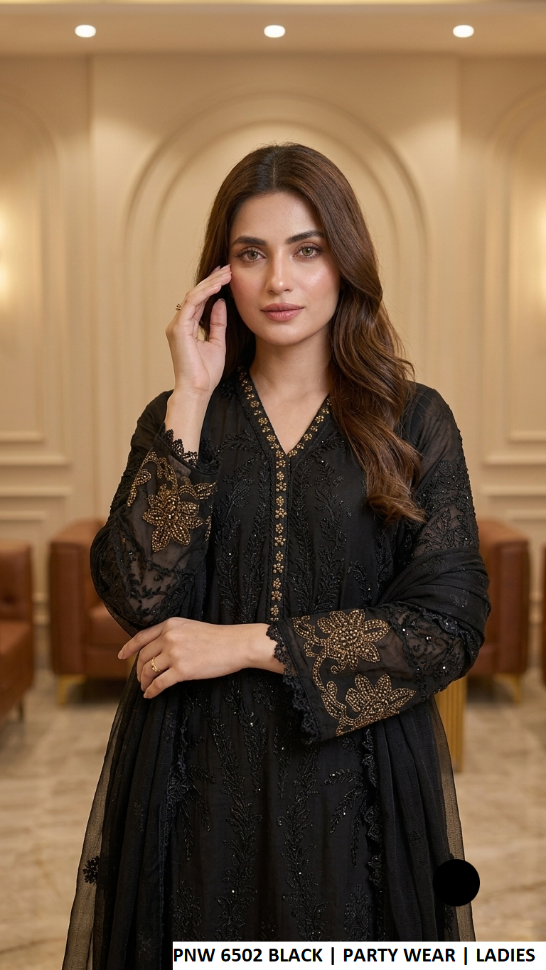 PNW 6502 BLACK - Black Chiffon Straight 3-Piece Women's Pakistani Plazo Suit