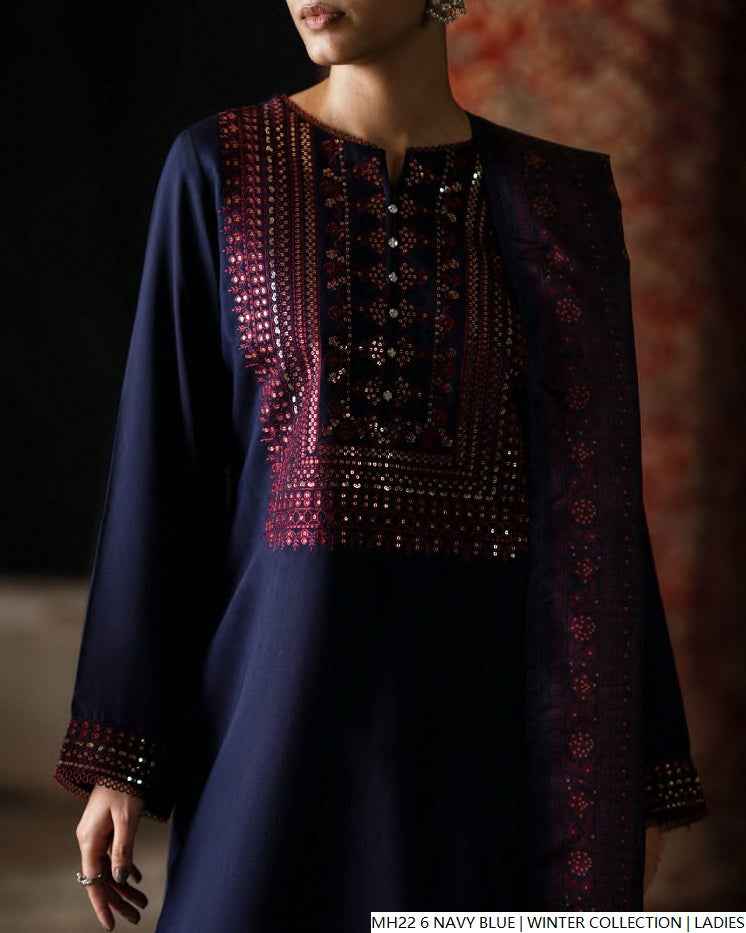 Khaddar straight shirt navy blue - Pakistani women's winter 3-piece suit with digital print dupatta front view
