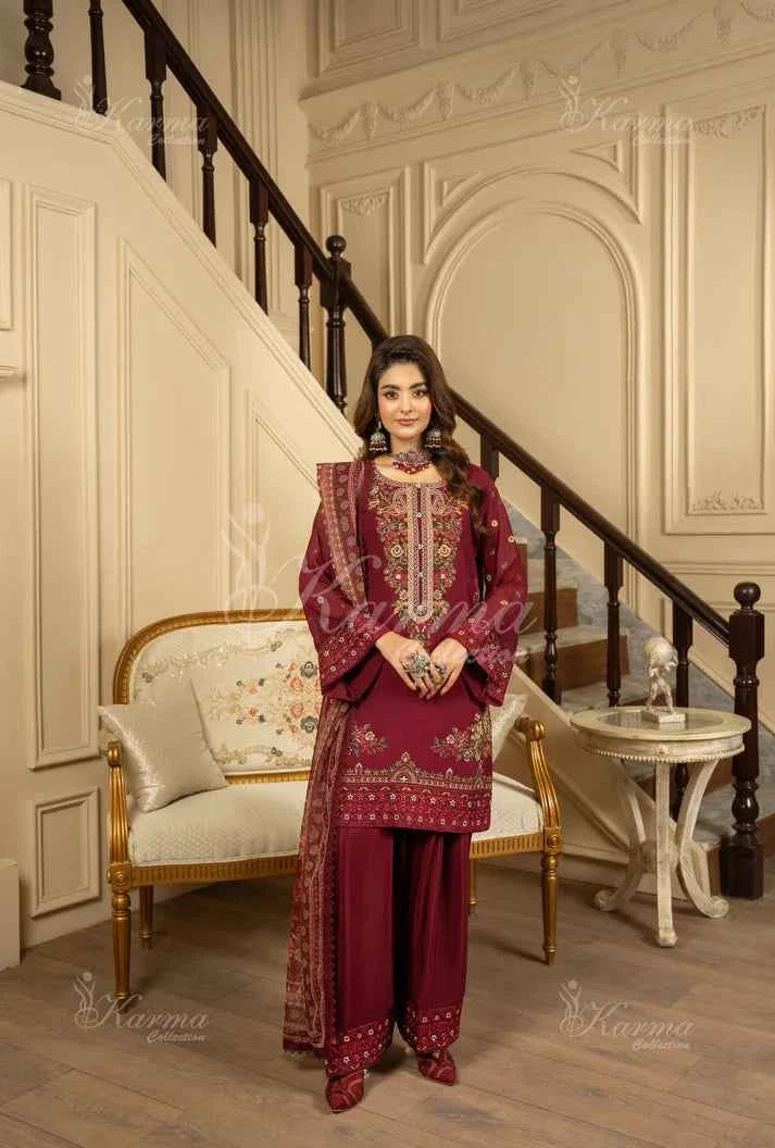 Maroon silk Pakistani women's short shirt with farshi shalwar side view