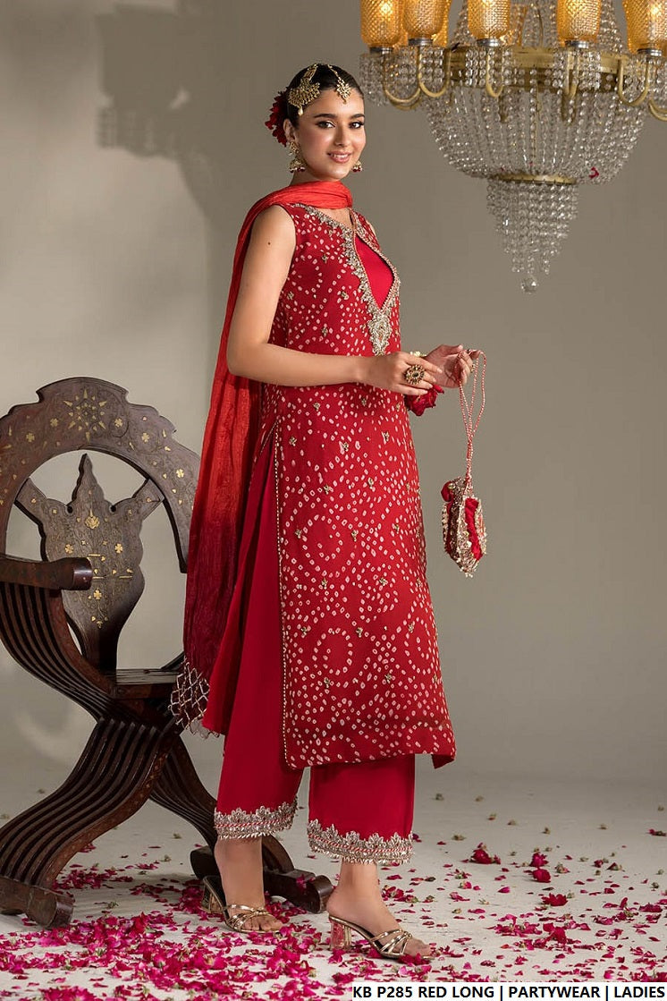 Pakistani women's red hand embroidered luxury long suit full view