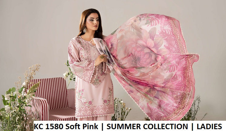 KC AYRA 1580 SOFT PINK - Soft Pink Embroidered Chikankari 3-Piece Women's Pakistani Suit