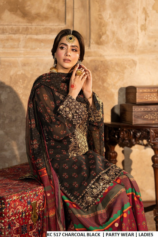 Charcoal black printed Pakistani women's short shirt with farshi shalwar side view