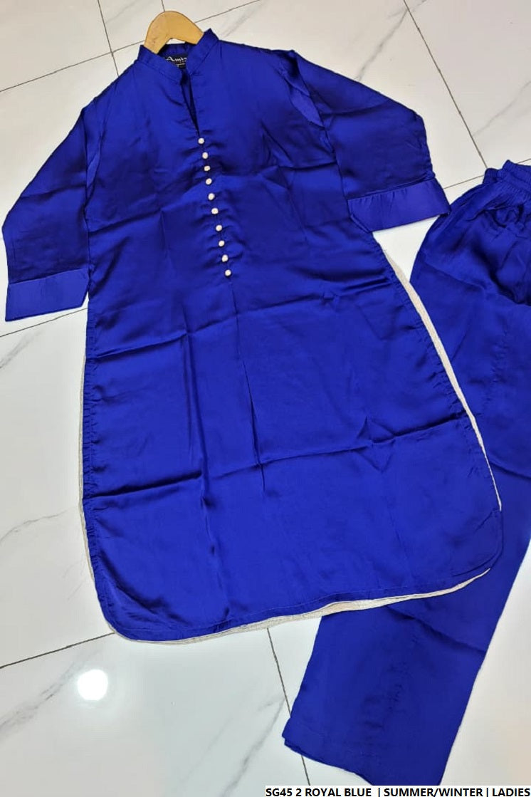 Pakistani women's royal blue silk A-Line shirt detail view
