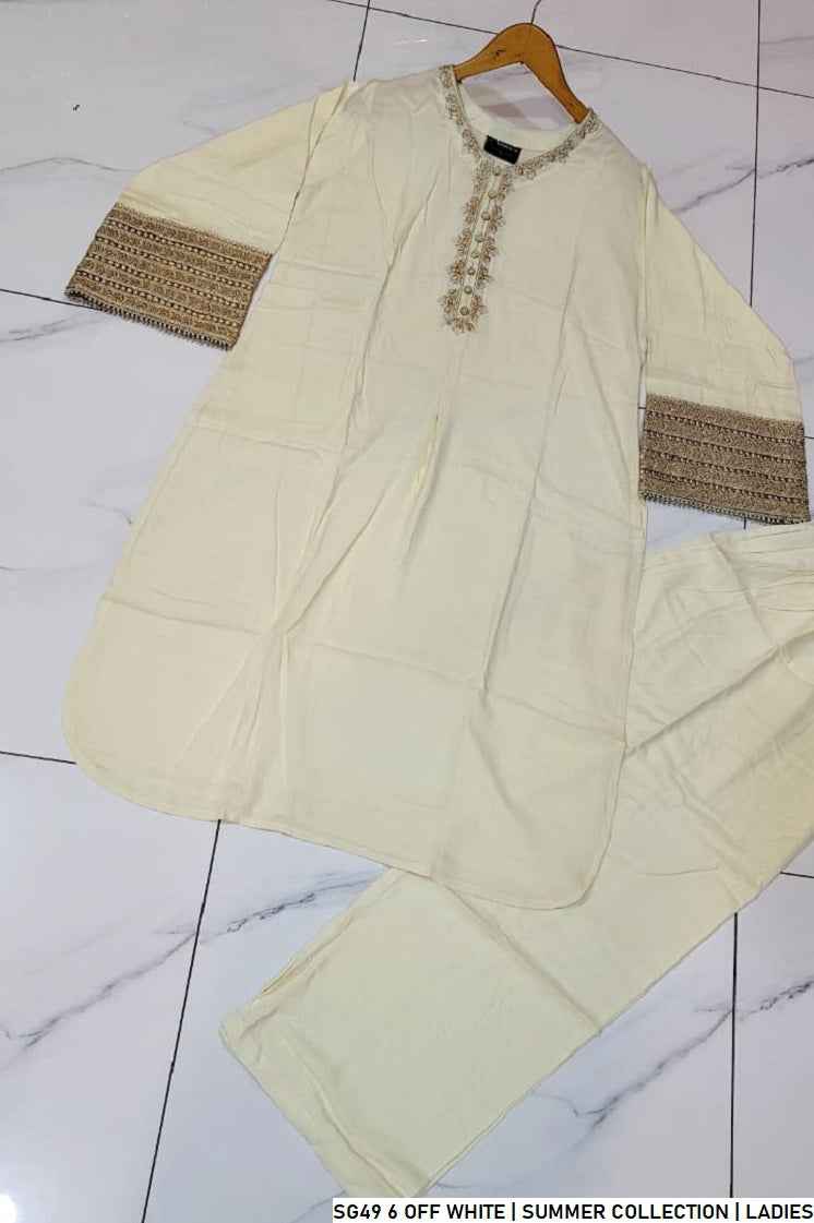 Pakistani women's off white lawn A-Line casual outfit back view