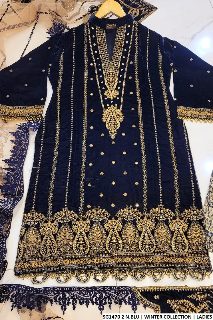 Velvet straight shirt SG1470 2 N.BLU - Pakistani women's formal wear with jamawar trouser front view