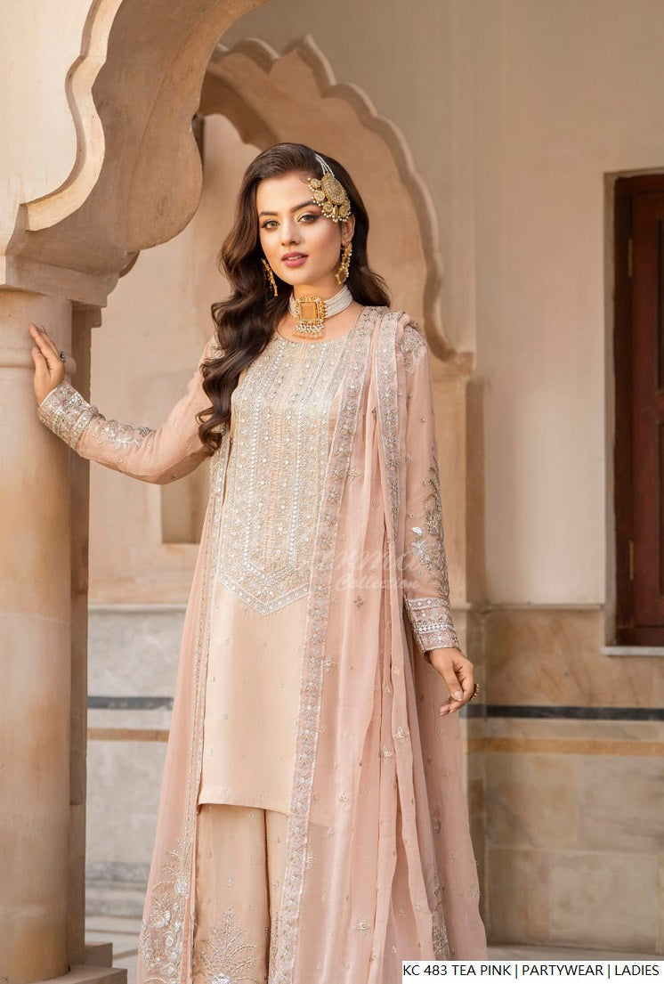 Silk long kaftan plazo tea pink - Pakistani women's luxury formal wear with silk dupatta front view