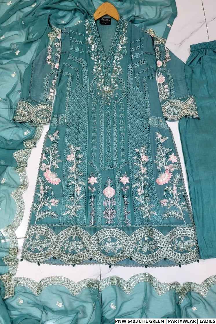 Pakistani women's light green chiffon straight shirt plazo full view