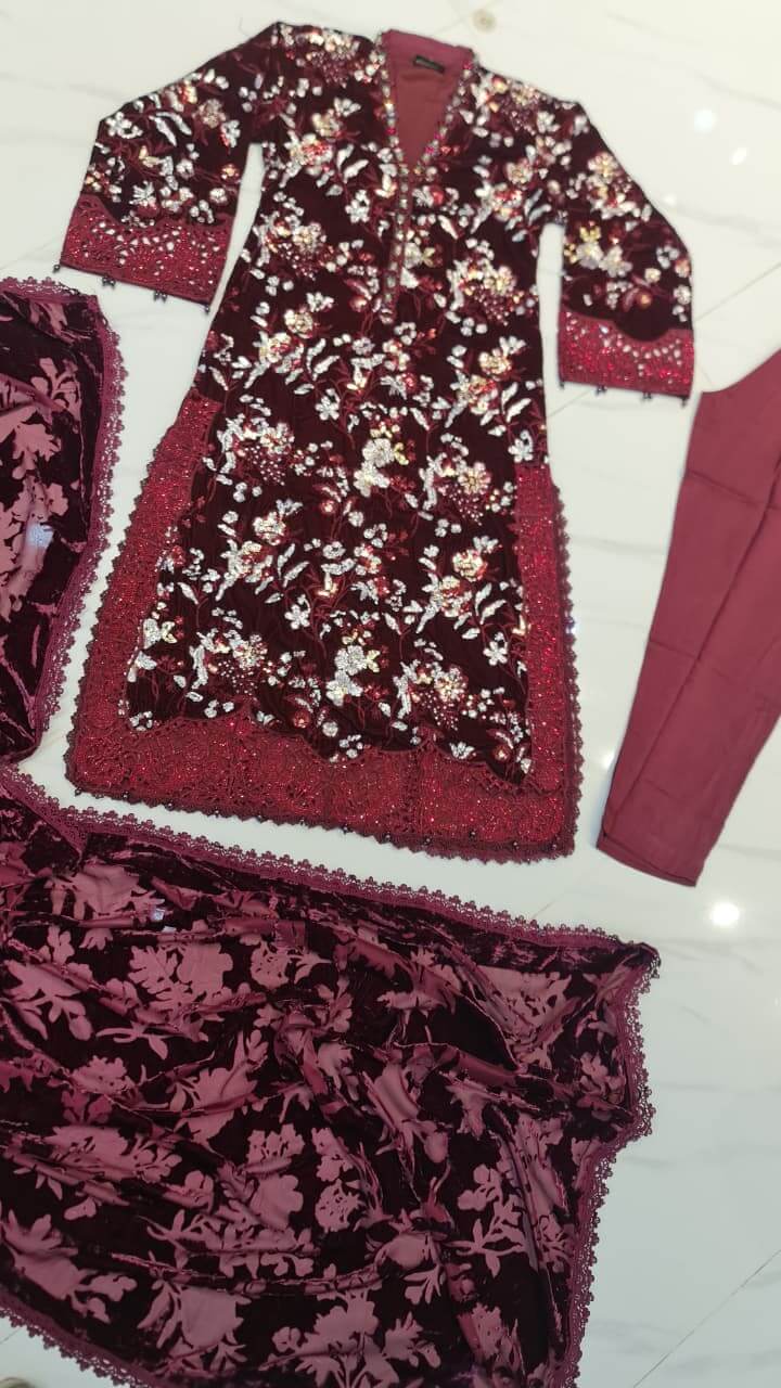 Pakistani women's maroon velvet A-Line shirt back view