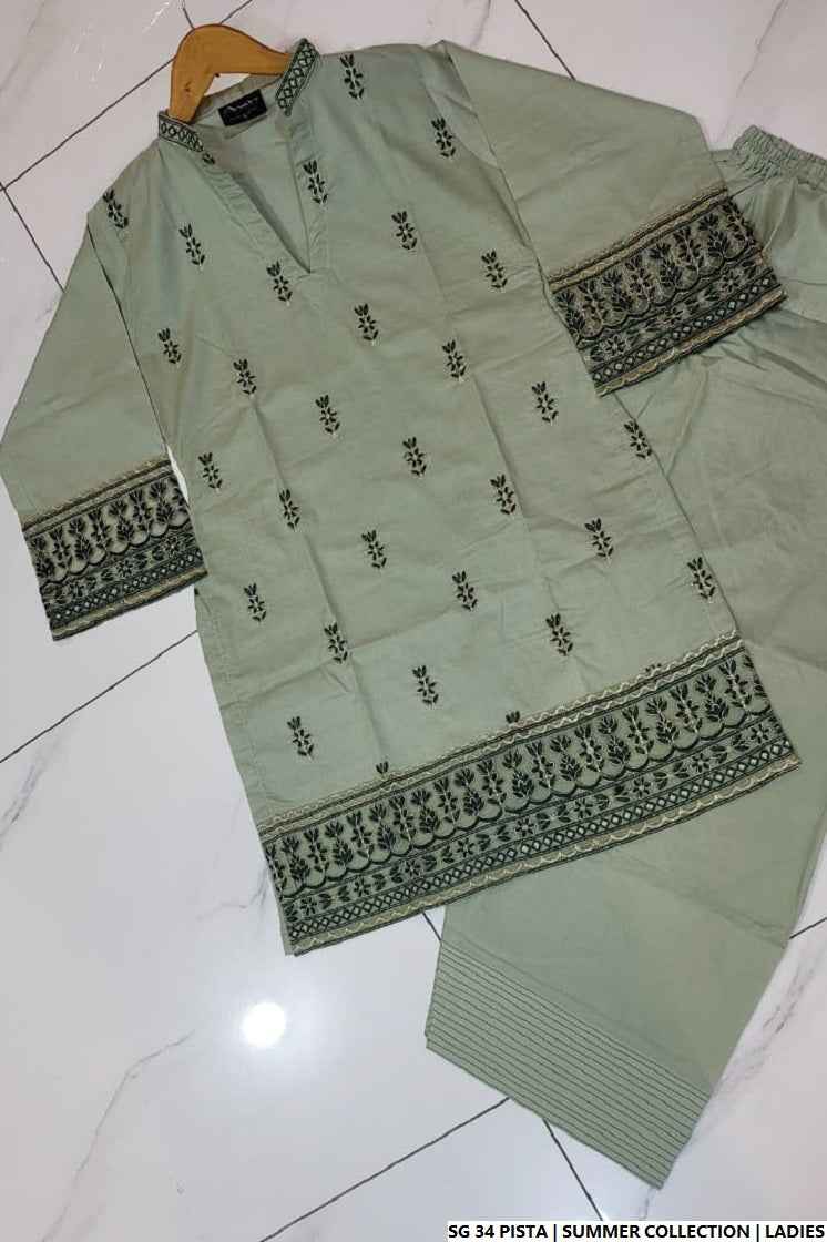 Pakistani women's pista green silk short shirt farshi shalwar back view