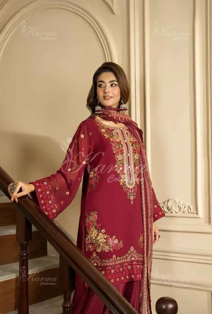 Pakistani women's maroon silk short shirt farshi shalwar full view