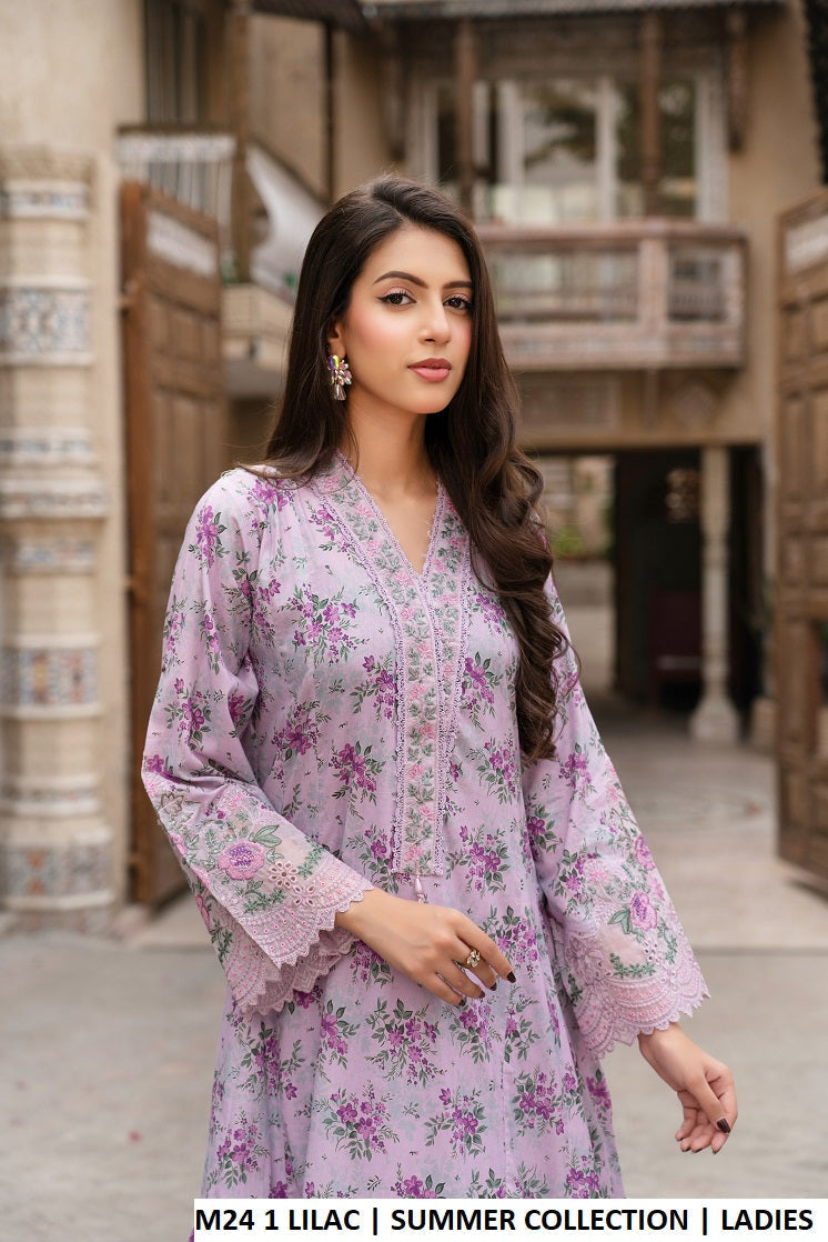 M24 1 PRINT - Elegant Lawn Long Frock with Plazo 3-Piece Women's Suit