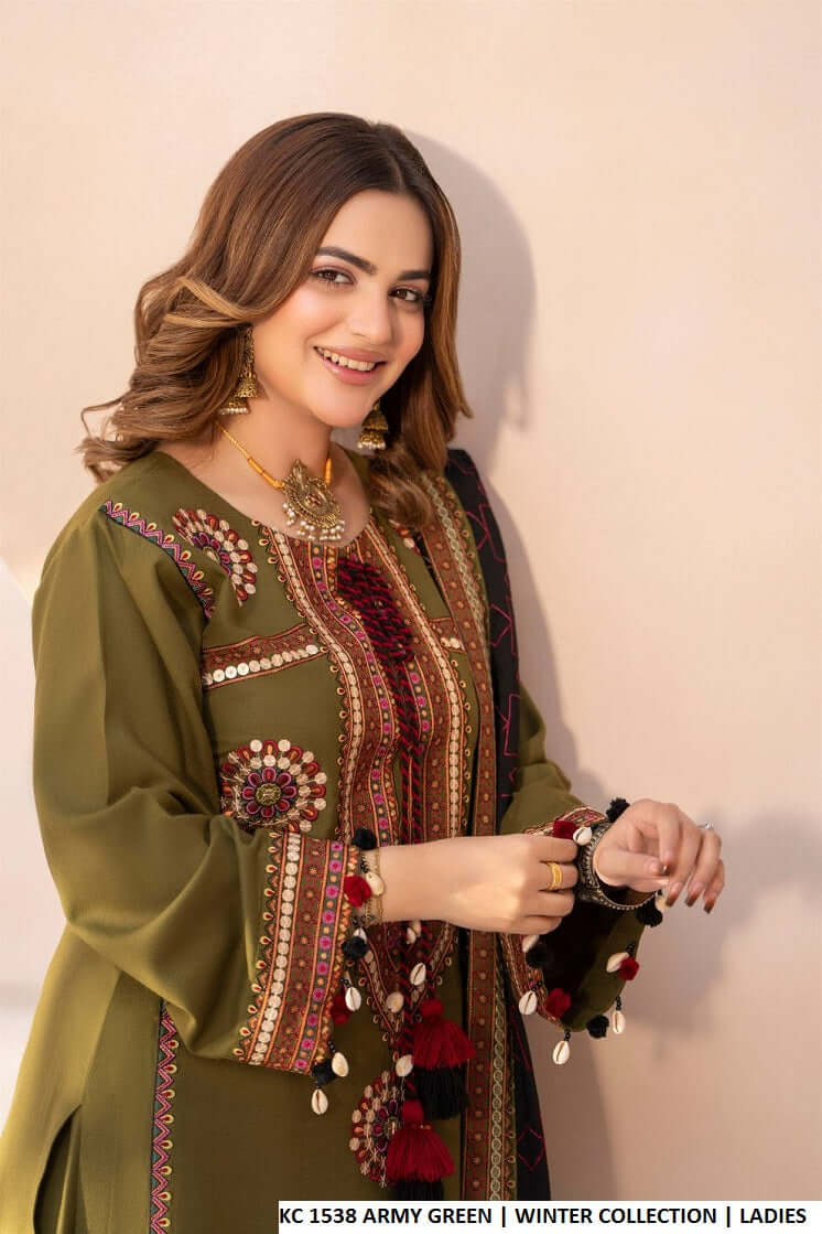 Pakistani women's army green silk short shirt detail view