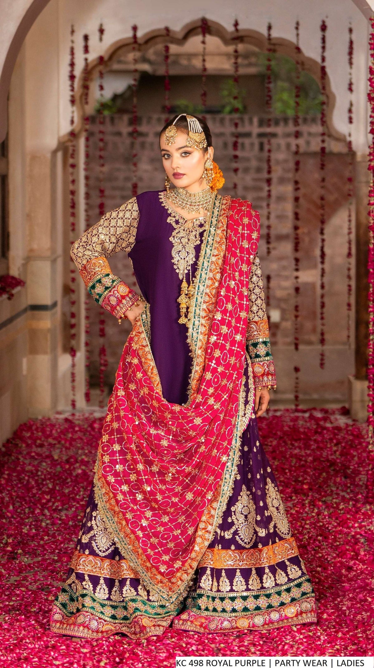 Chiffon short shirt garara purple - Pakistani women's festive party wear with chiffon dupatta front view
