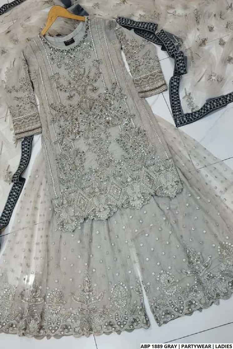 Pakistani women's grey silk short shirt back view