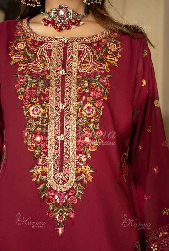 Pakistani women's maroon silk short shirt farshi shalwar back view