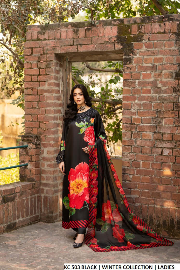 Silk long A-Line shirt plazo black - Pakistani women's luxury formal wear with matching silk dupatta front view