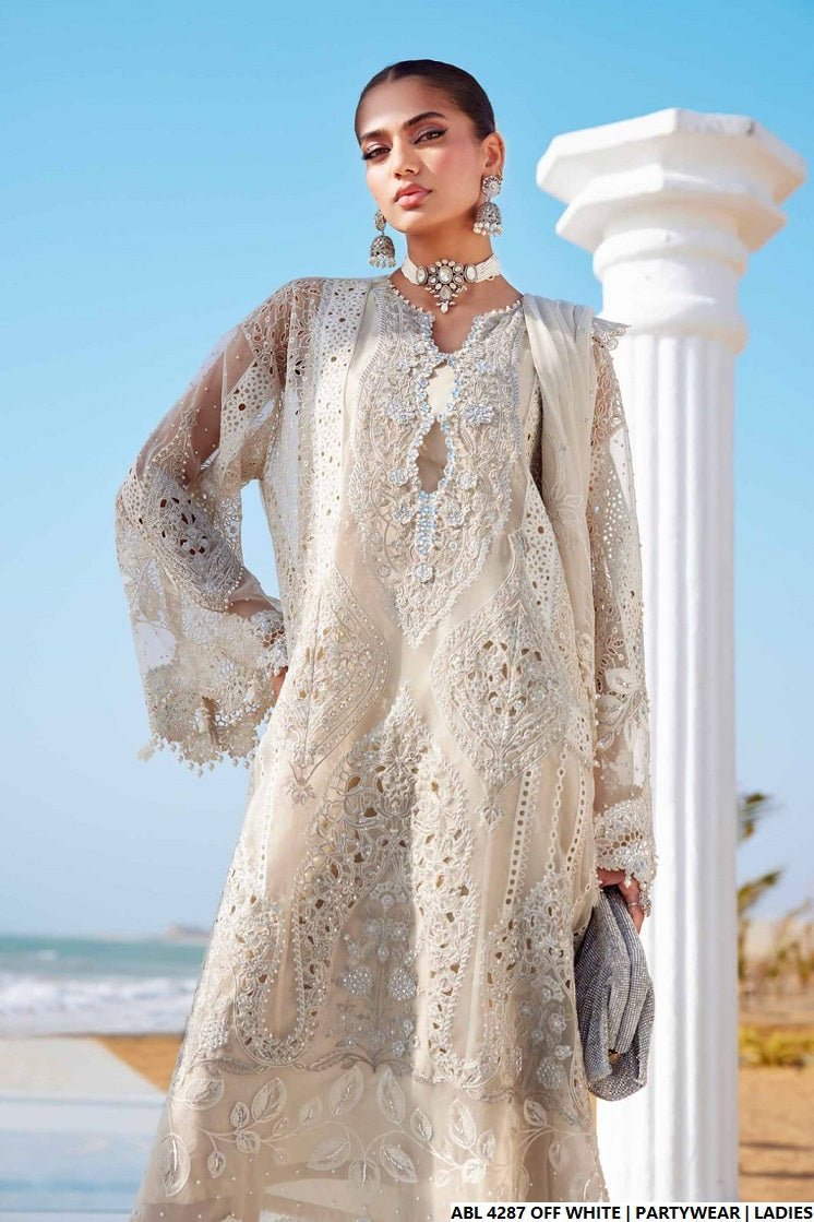 Pakistani women's off white organza A-Line shirt detail view