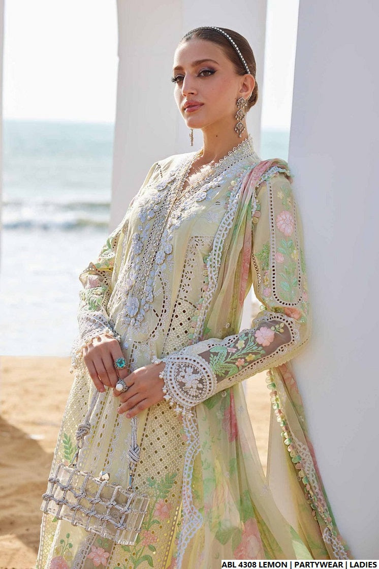 Pakistani women's lemon yellow organza A-Line shirt detail view