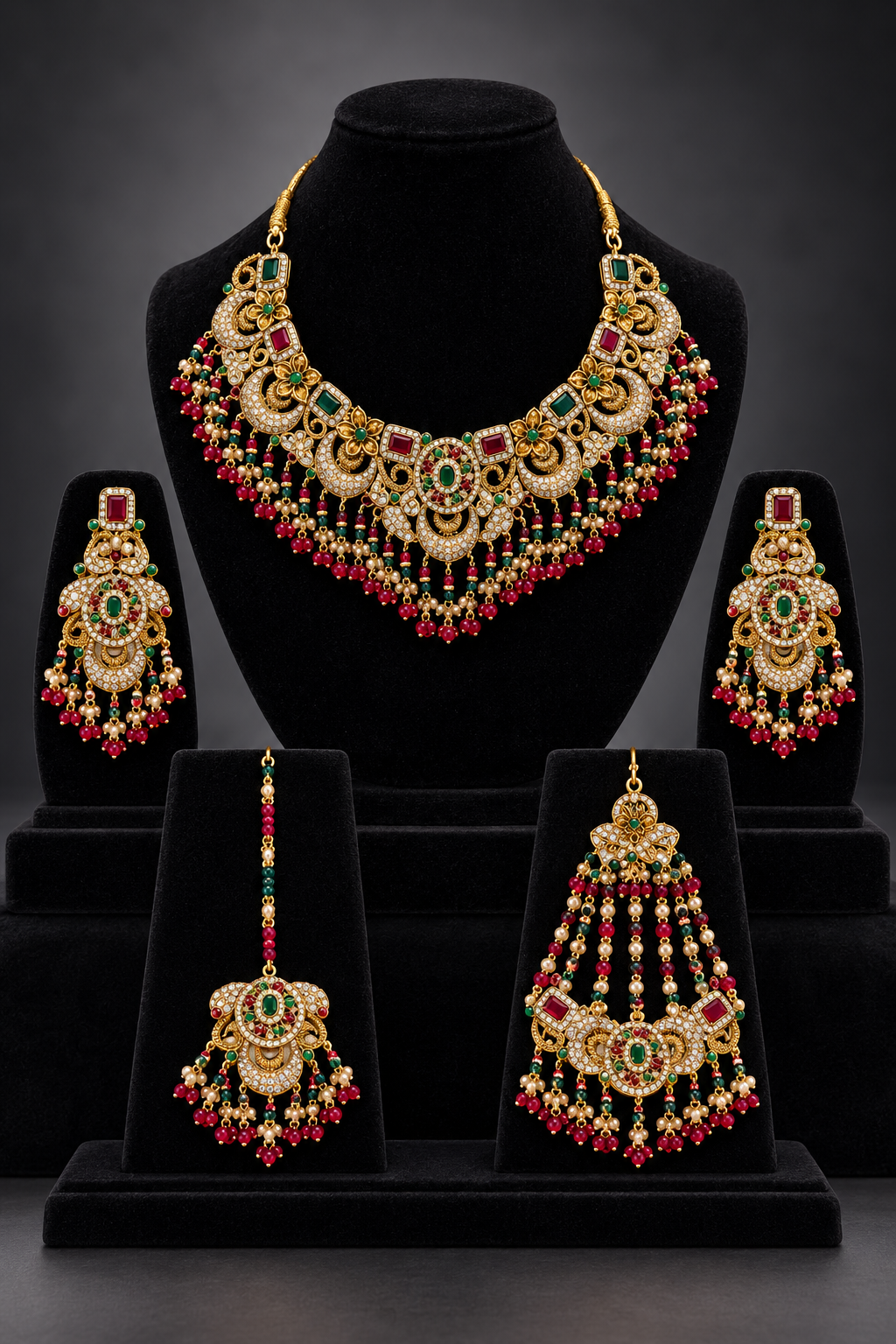 JW690 – Ruby Red & Emerald Green Bridal Jewellery Set