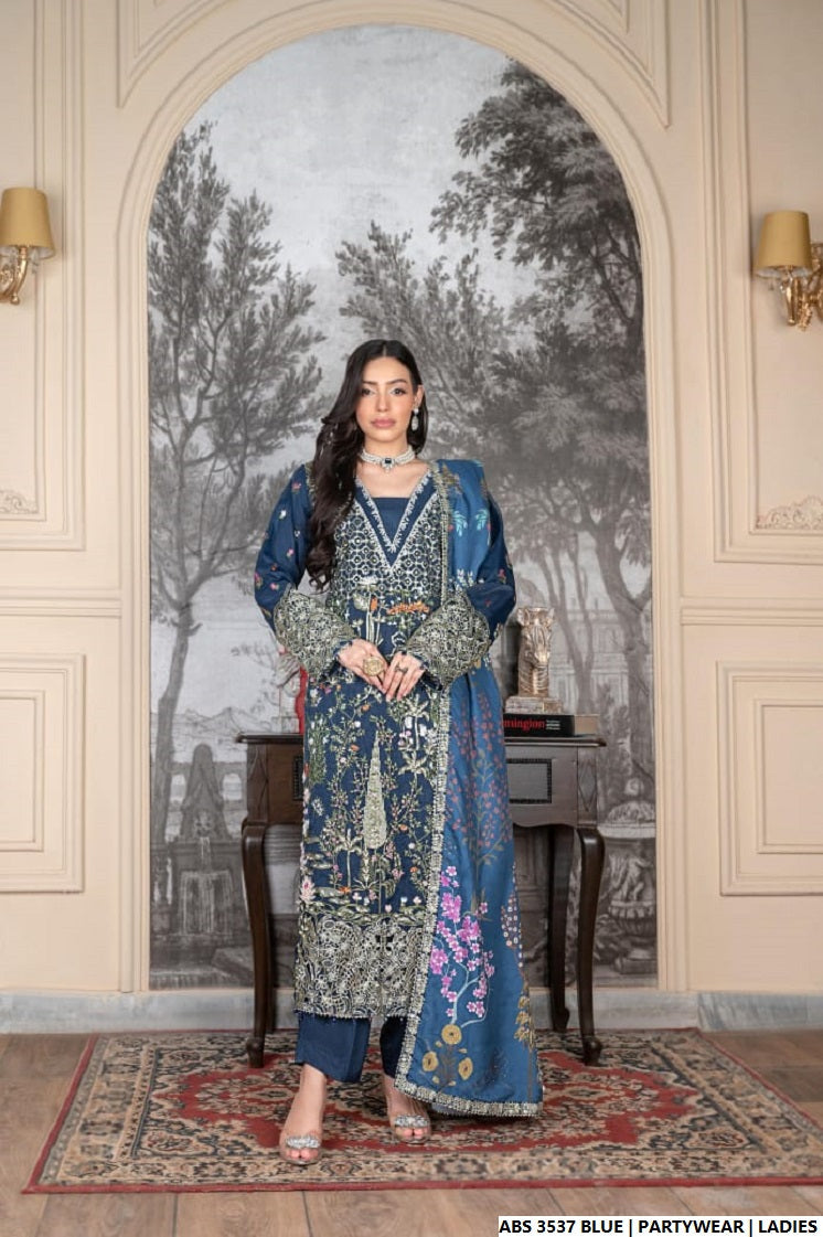 Organza straight shirt blue - Pakistani women's elegant formal wear with viscose trouser and organza dupatta front view