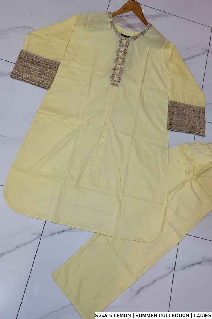 Pakistani women's lemon yellow lawn A-Line casual outfit back view