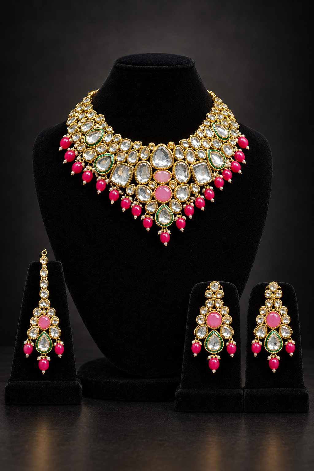 JW820 – Gold-Tone Bridal Choker Set with Pink and Green Accents
