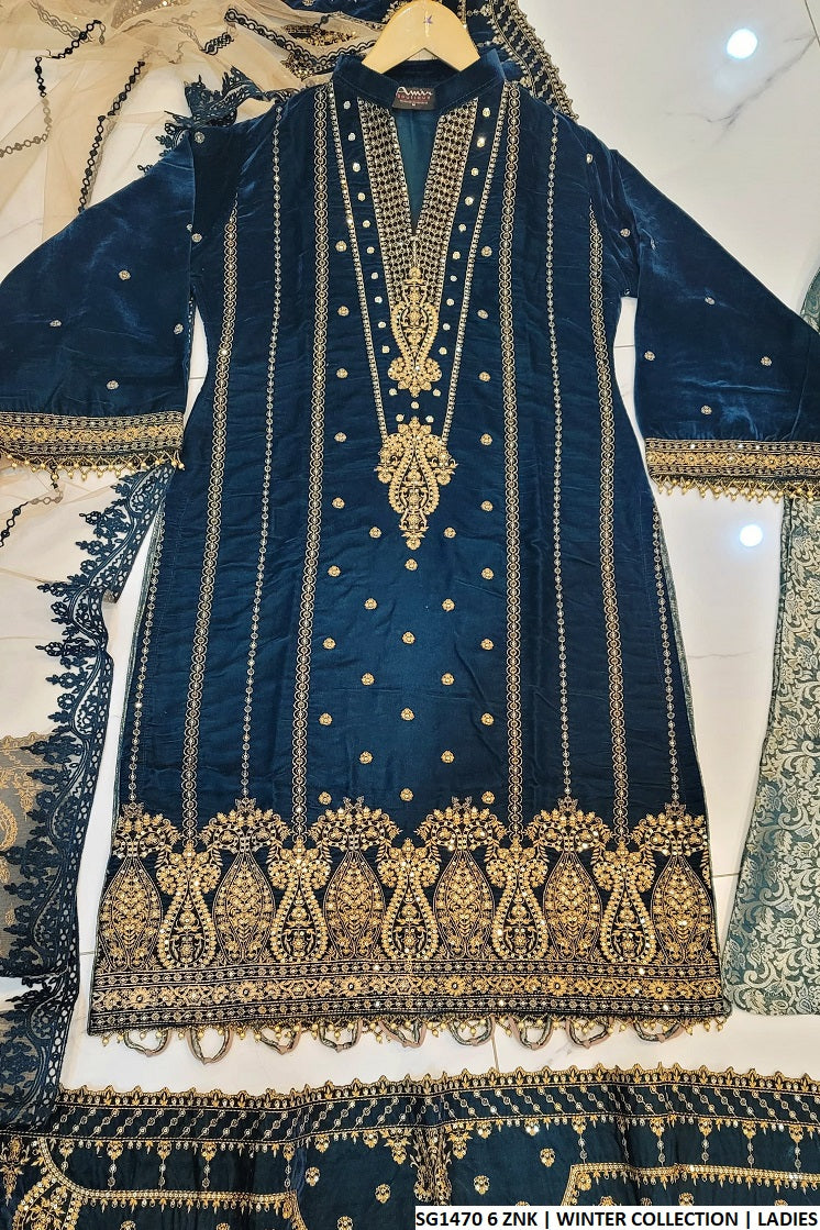 SG1470 6 ZNK Velvet Pakistani women's straight shirt with net dupatta side view