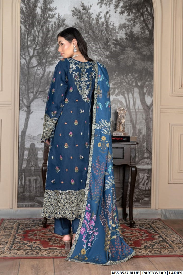 Pakistani women's blue organza straight shirt back view