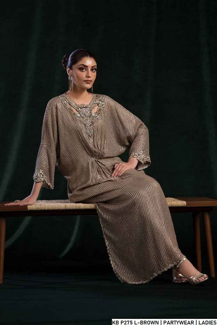 Light brown hand embroidered Pakistani women's luxury suit side view