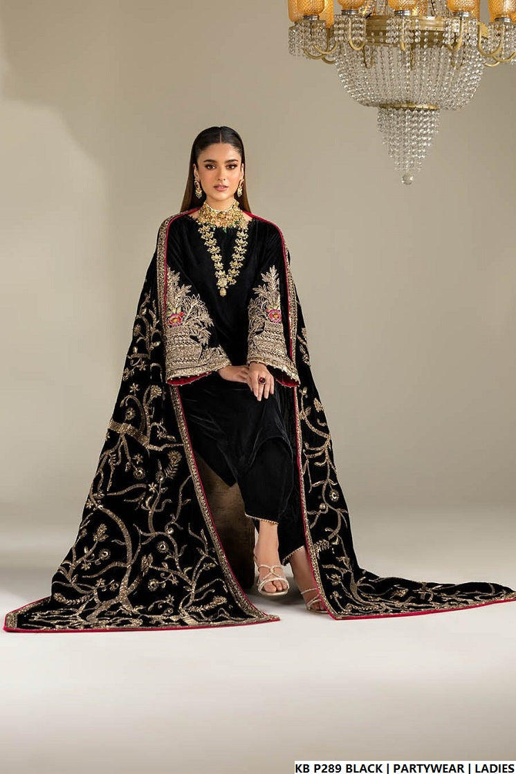 Pakistani women's black velvet hand embroidered luxury suit detail view