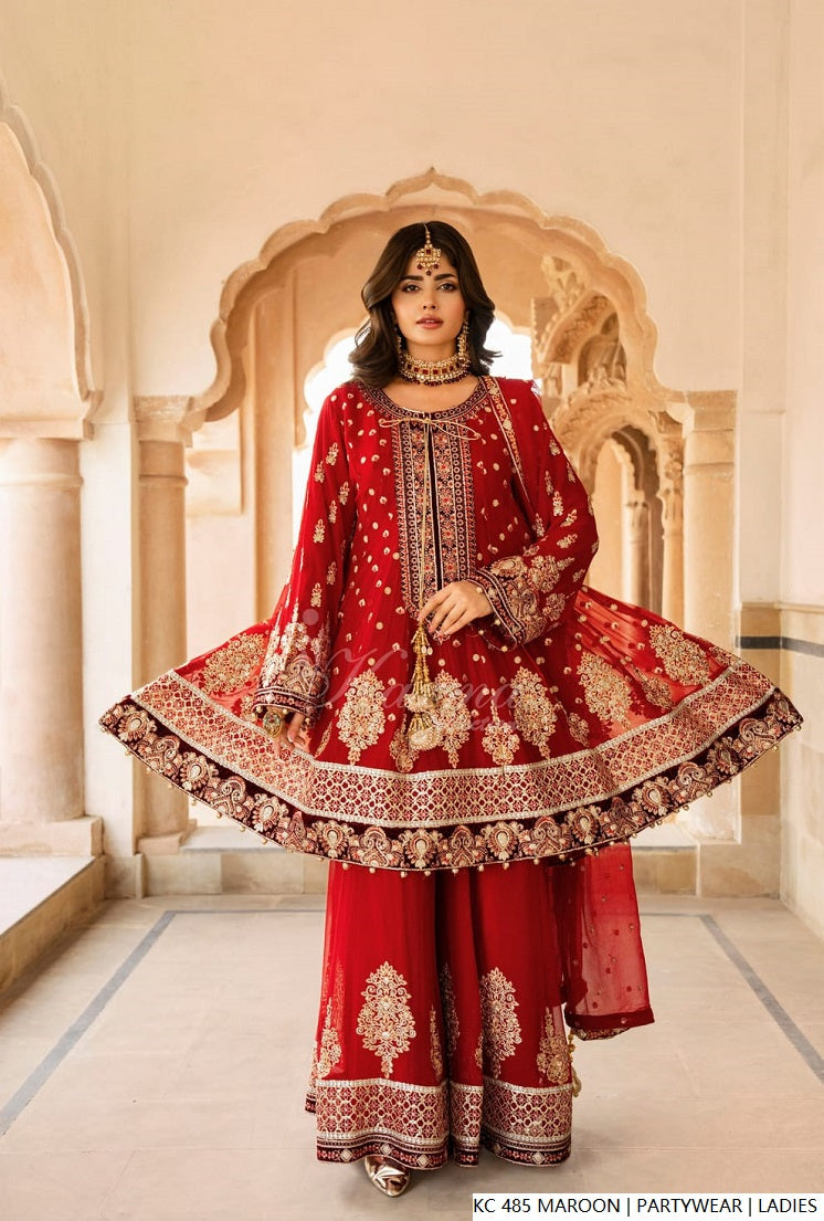 Pakistani women's maroon silk long kaftan plazo full view