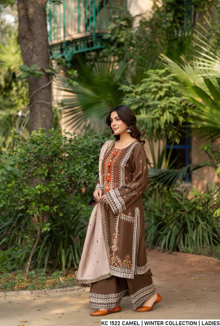 Pakistani women's camel brown silk short shirt detail view
