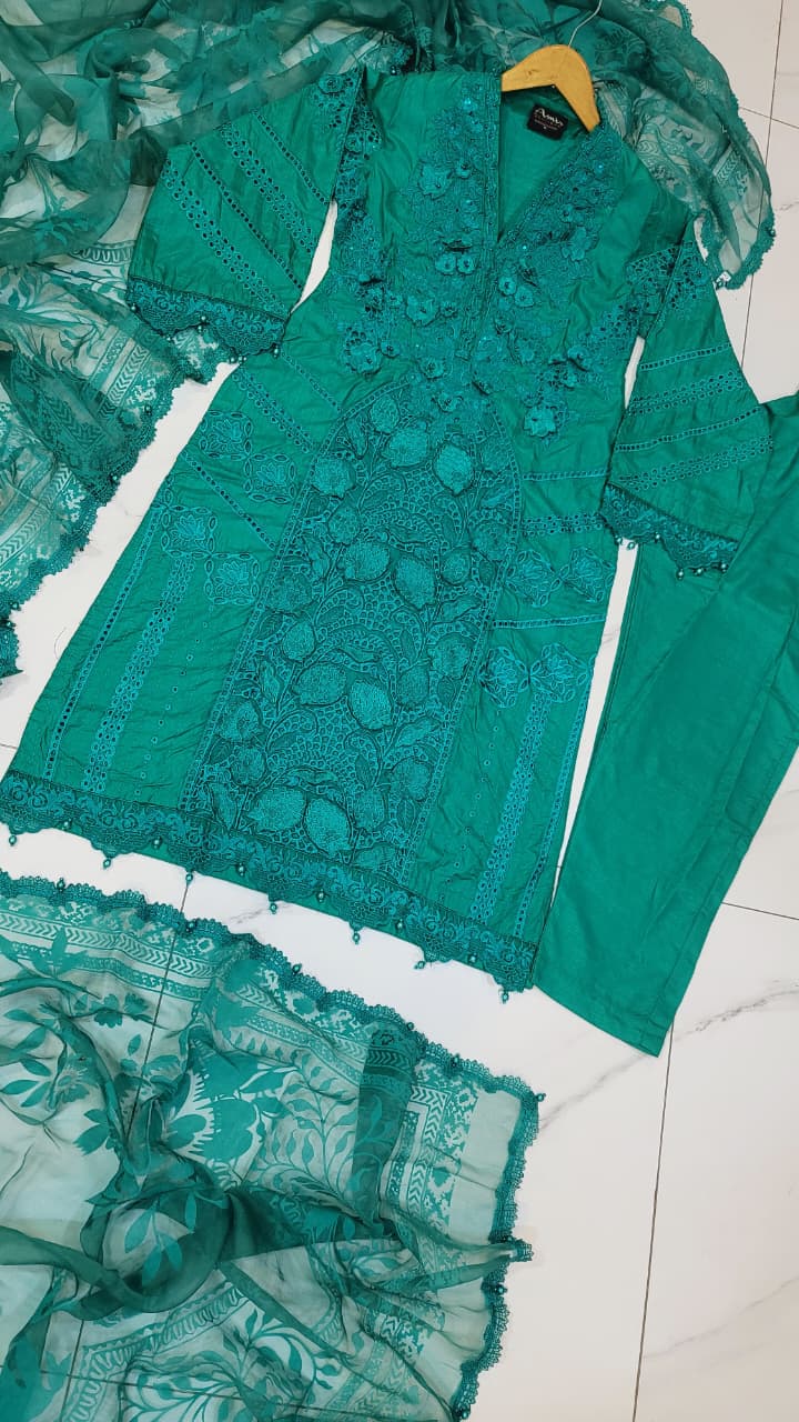Pakistani women's green organza A-Line shirt back view