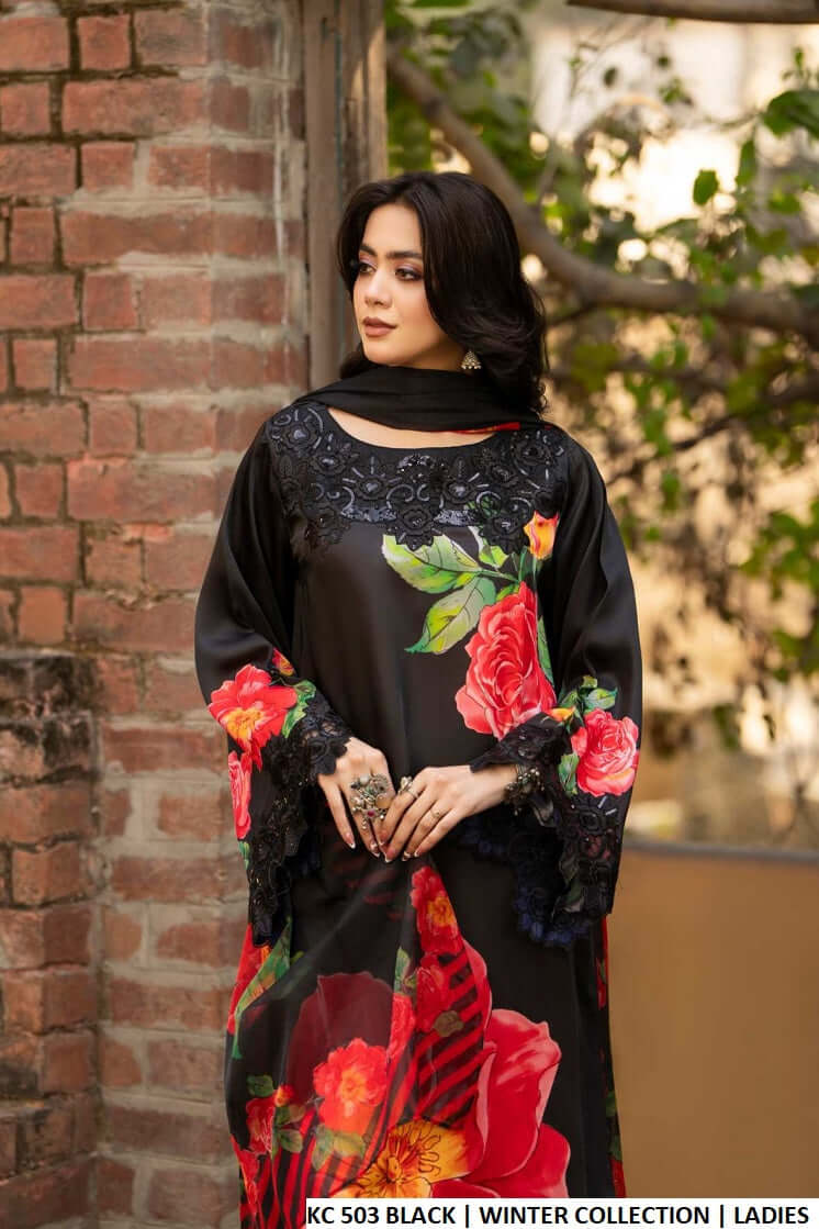 Pakistani women's black silk long A-Line shirt plazo back view