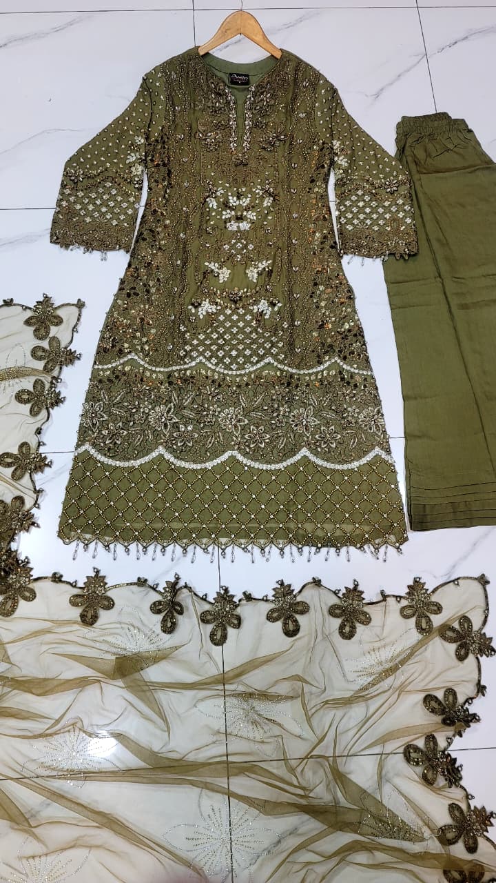 Pakistani women's mehndi green chiffon A-Line shirt full view