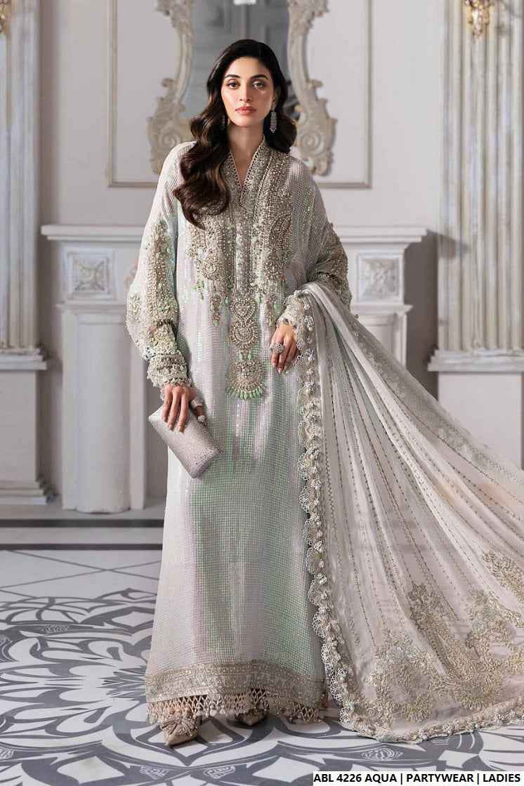 Pakistani women's aqua organza A-Line shirt detail view