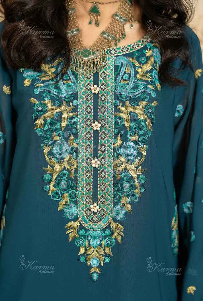 Pakistani women's zinc grey silk short shirt farshi shalwar back view