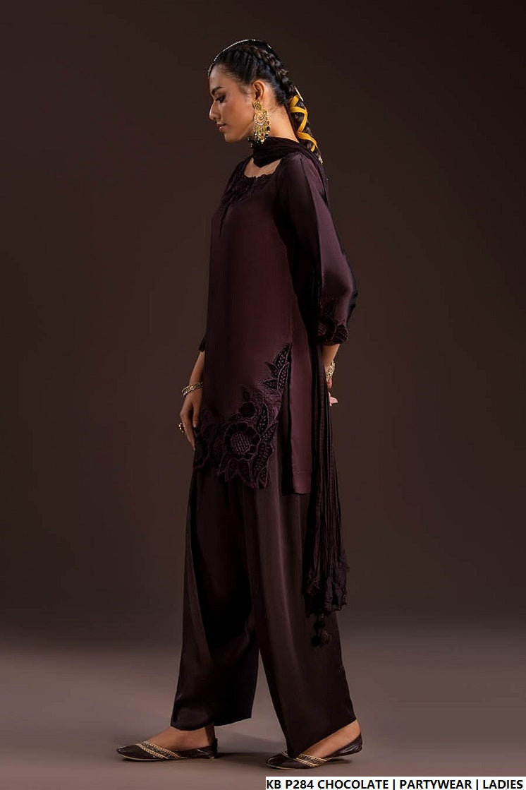Pakistani women's chocolate brown hand embroidered luxury suit back view