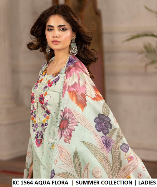 Aqua flora cotton thread embroidery Pakistani women's short round shirt side view