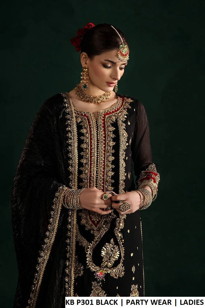 Pakistani women's black crinkle chiffon long shirt with kattan silk trouser back view