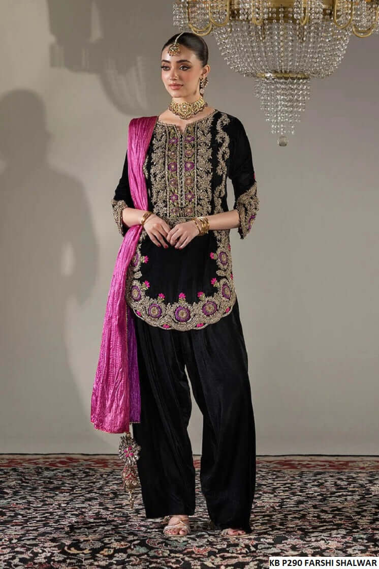 Velvet hand embroidered farshi shalwar suit - Pakistani women's luxury bridal winter formal wear with embroidered dupatta front view