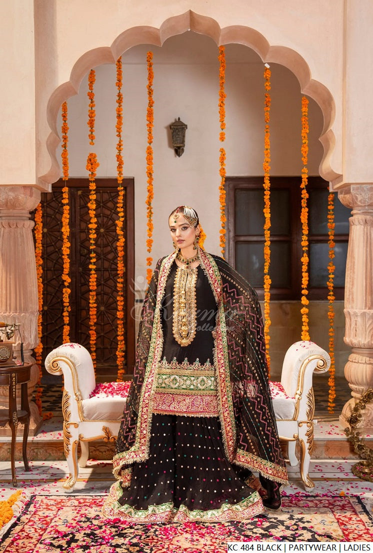 Pakistani women's black silk long kaftan plazo detail view