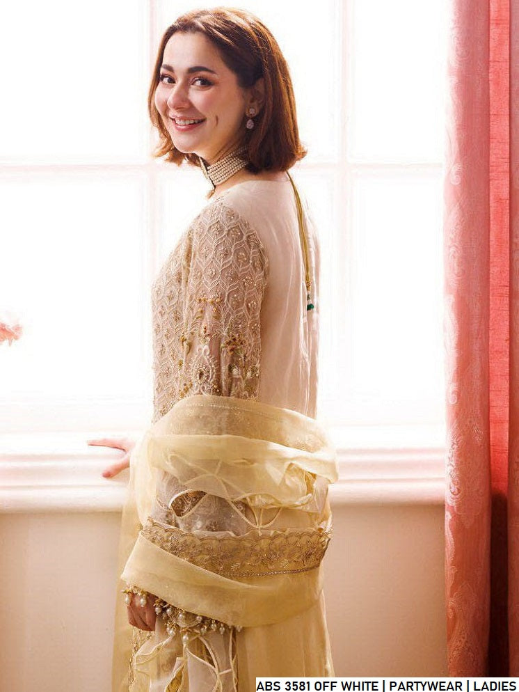 Pakistani women's off white chiffon straight shirt detail view