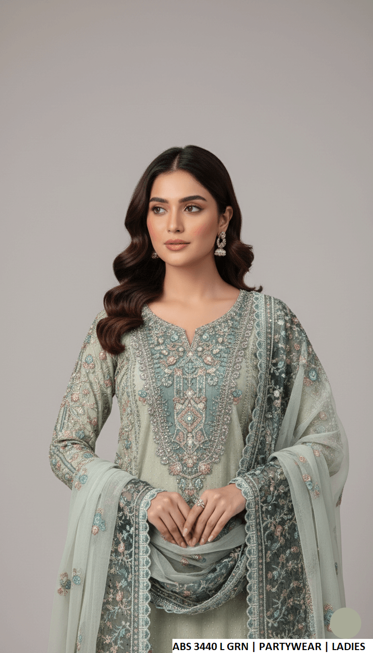 Pakistani women's light green organza straight shirt plazo detail view