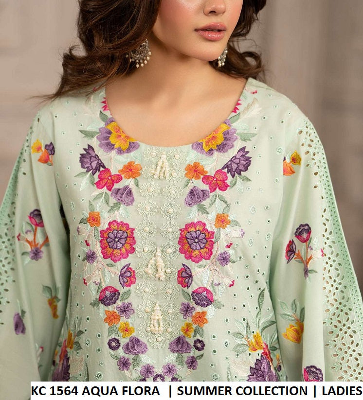 Pakistani women's aqua flora cotton embroidered short shirt detail view