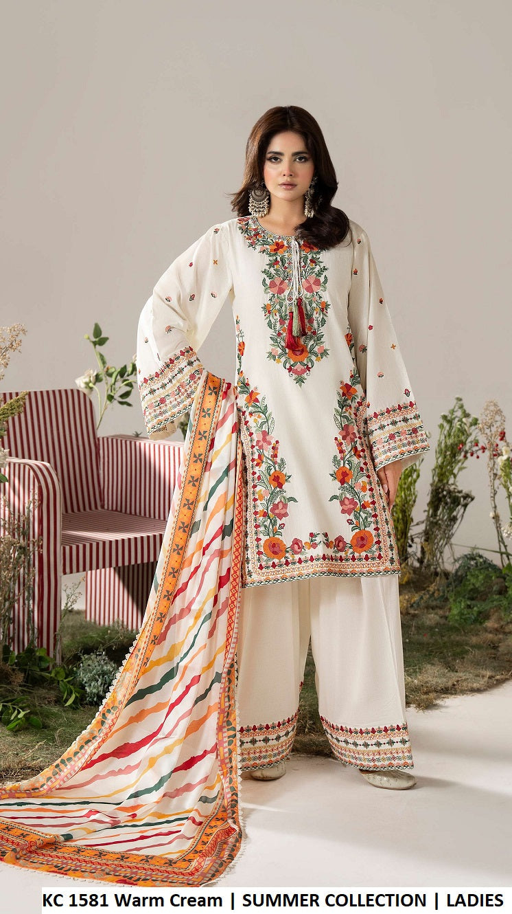 KC AYRA 1581 Warm Cream - Warm Cream 3-Piece Embroidered Women's Pakistani Suit